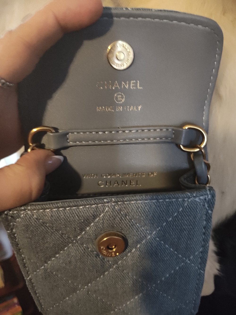 Quilted Novelty Denim Mini Crossbody in Faded Blue with Gold Hardware - Picture 3 of 7